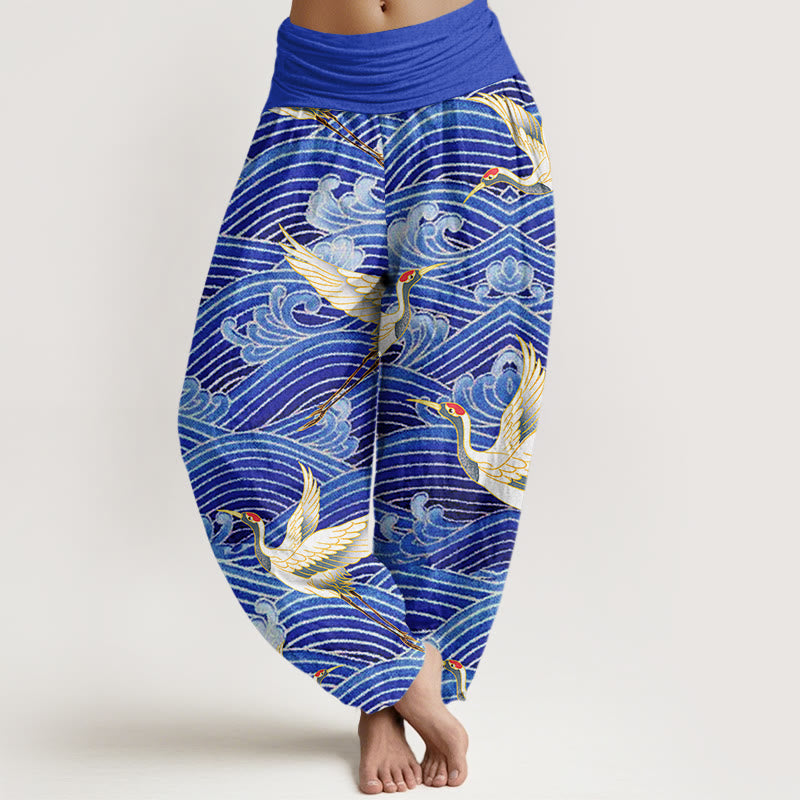 Pantaloni harem da donna con elastico in vita, motivo a onde dell'oceano e motivo a gru in cotone casual Buddha Stones - Ardesia Blu - US22, UK/AU26, EU54 (6XL) - image 0