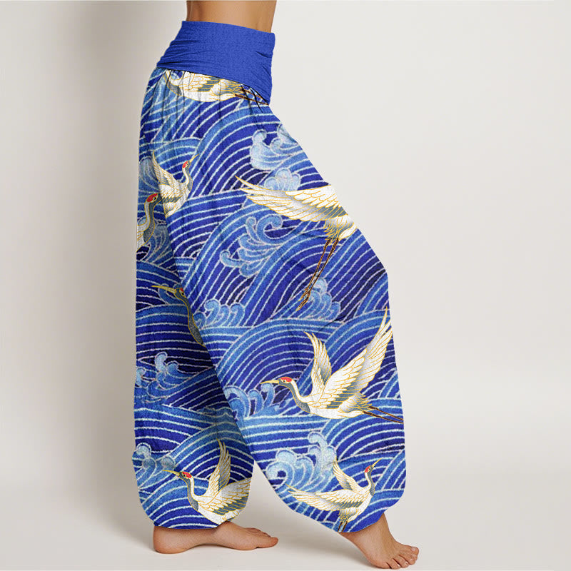 Pantaloni harem da donna con elastico in vita, motivo a onde dell'oceano e motivo a gru con Buddha Stones - image 3