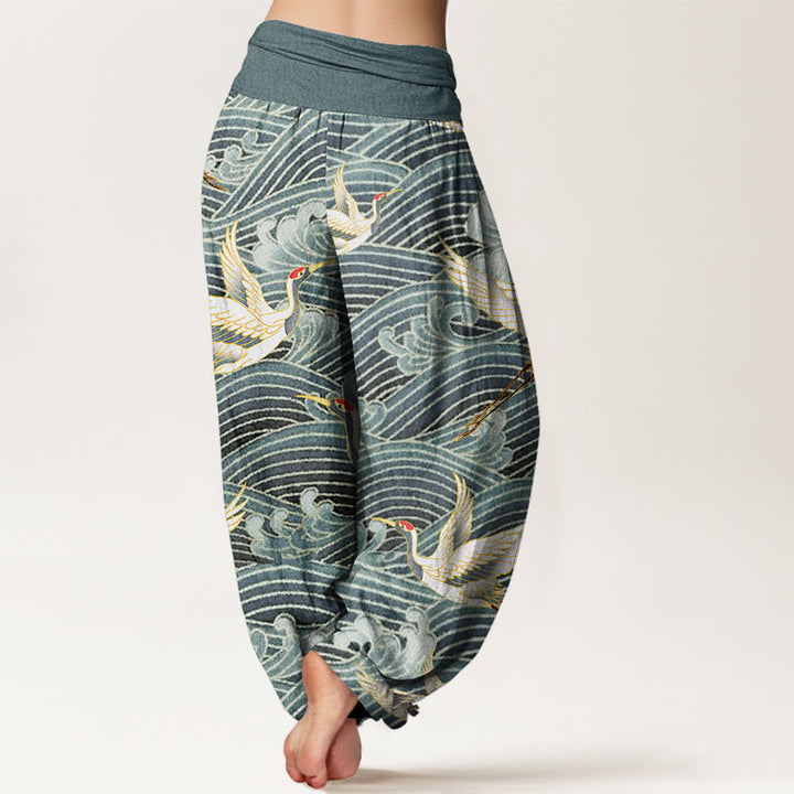 Pantaloni harem da donna con elastico in vita, motivo a onde dell'oceano e motivo a gru con Buddha Stones - image 5