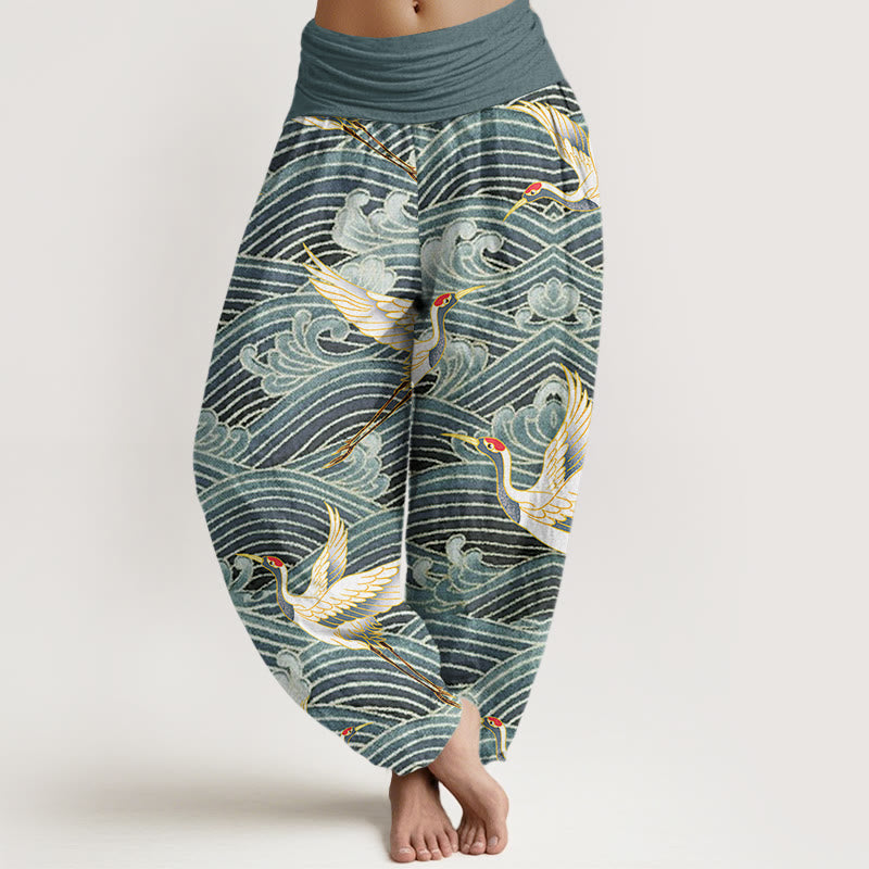 Pantaloni harem da donna con elastico in vita, motivo a onde dell'oceano e motivo a gru con Buddha Stones - CadetBlue - US22, UK/AU26, EU54 (6XL) - image 4