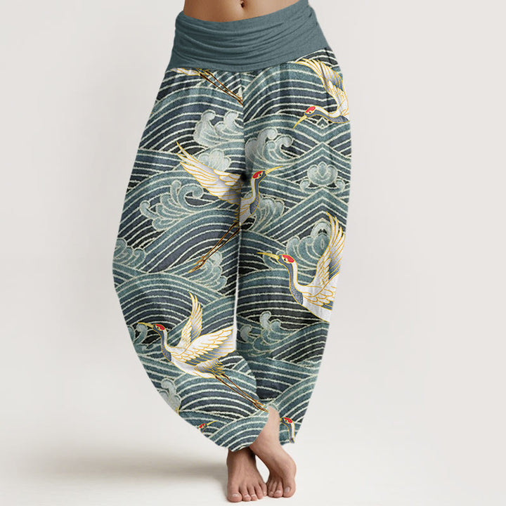 Pantaloni harem da donna con elastico in vita, motivo a onde dell'oceano e motivo a gru con Buddha Stones - CadetBlue - US22, UK/AU26, EU54 (6XL) - image 4