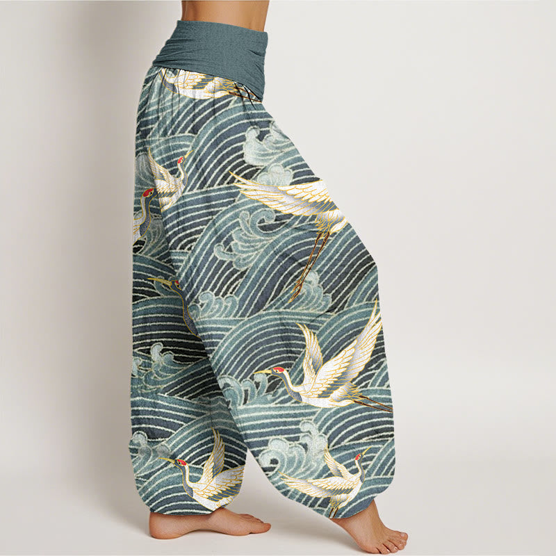 Pantaloni harem da donna con elastico in vita, motivo a onde dell'oceano e motivo a gru in cotone casual Buddha Stones - image 6