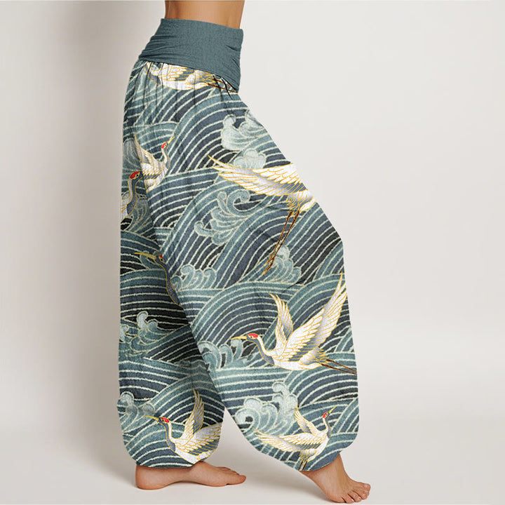 Pantaloni harem da donna con elastico in vita, motivo a onde dell'oceano e motivo a gru con Buddha Stones - image 7