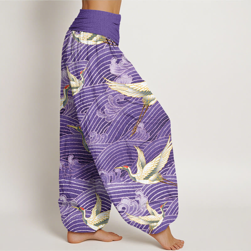 Pantaloni harem da donna con elastico in vita, motivo a onde dell'oceano e motivo a gru con Buddha Stones - image 10