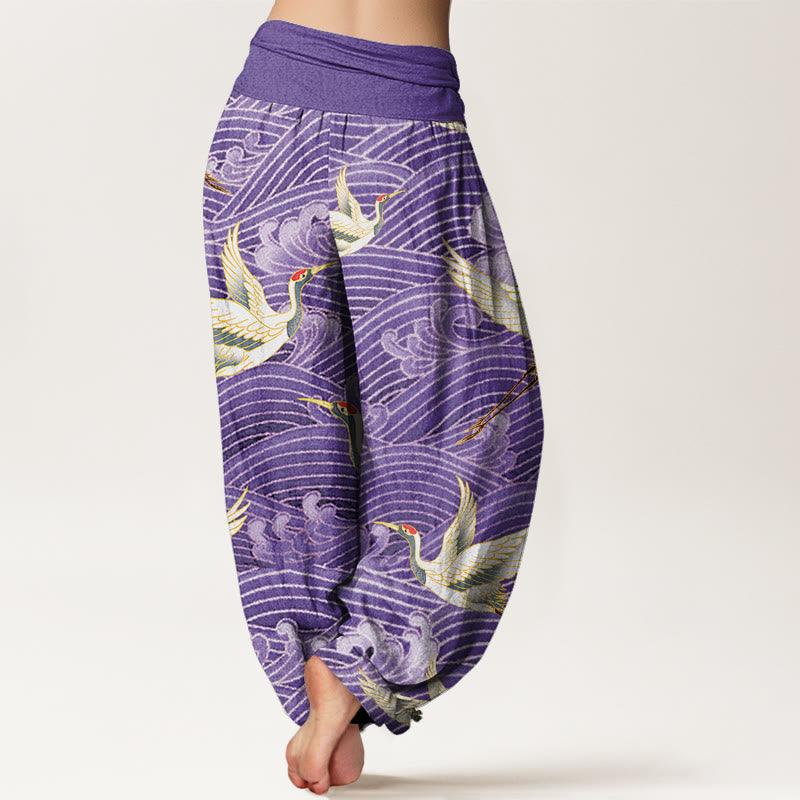 Pantaloni harem da donna con elastico in vita, motivo a onde dell'oceano e motivo a gru in cotone casual Buddha Stones - image 8