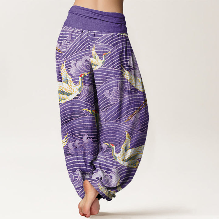 Pantaloni harem da donna con elastico in vita, motivo a onde dell'oceano e motivo a gru in cotone casual Buddha Stones - image 8