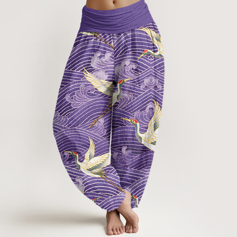 Pantaloni harem da donna con elastico in vita, motivo a onde dell'oceano e motivo a gru con Buddha Stones - DarkOrchid - US22, UK/AU26, EU54 (6XL) - image 8