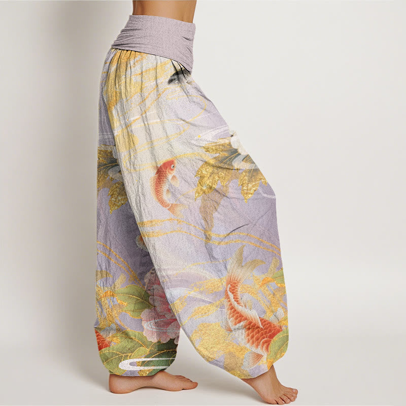 Pantaloni harem da donna con elastico in vita, motivo Buddha Stones, peonia, pesce koi, foglie dai bordi dorati - image 3