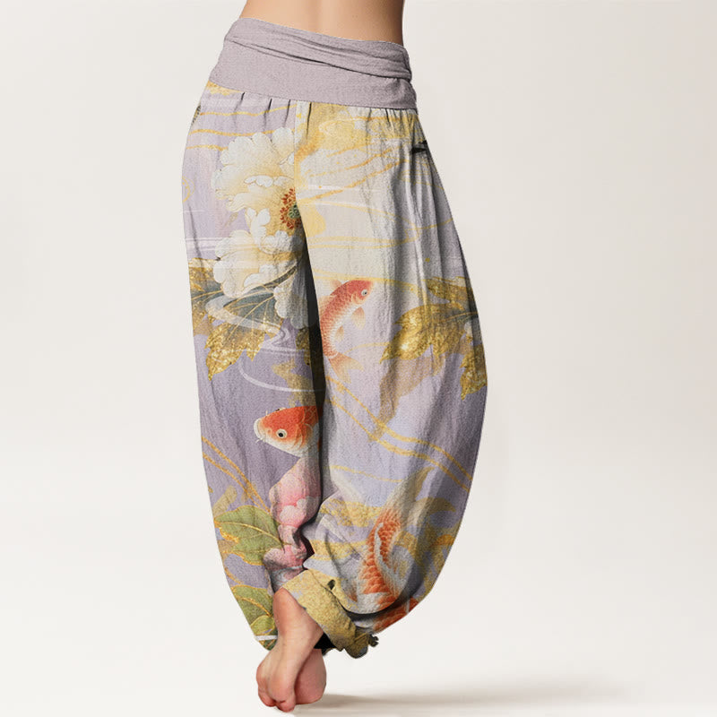 Pantaloni harem da donna con elastico in vita, motivo Buddha Stones, peonia, pesce koi, foglie dai bordi dorati - image 2