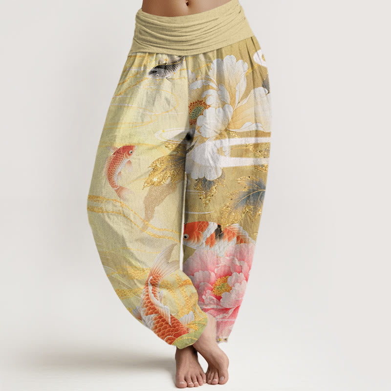 Pantaloni harem da donna con elastico in vita, motivo Buddha Stones, peonia, pesce koi, foglie dai bordi dorati - Cachi - US22, UK/AU26, EU54 (6XL) - image 5