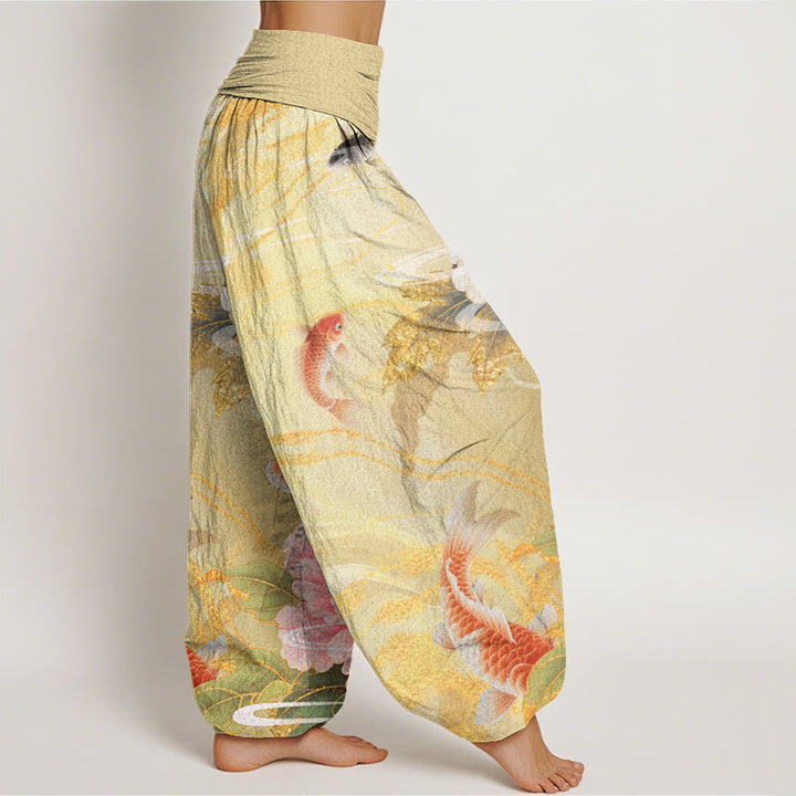 Pantaloni harem da donna con elastico in vita, motivo Buddha Stones, peonia, pesce koi, foglie dai bordi dorati - image 7