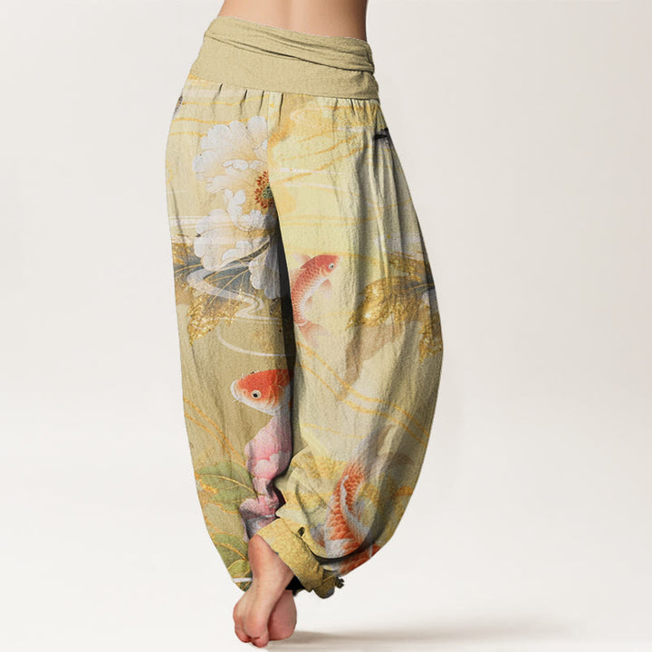 Pantaloni harem da donna con elastico in vita, motivo Buddha Stones, peonia, pesce koi, foglie dai bordi dorati - image 6