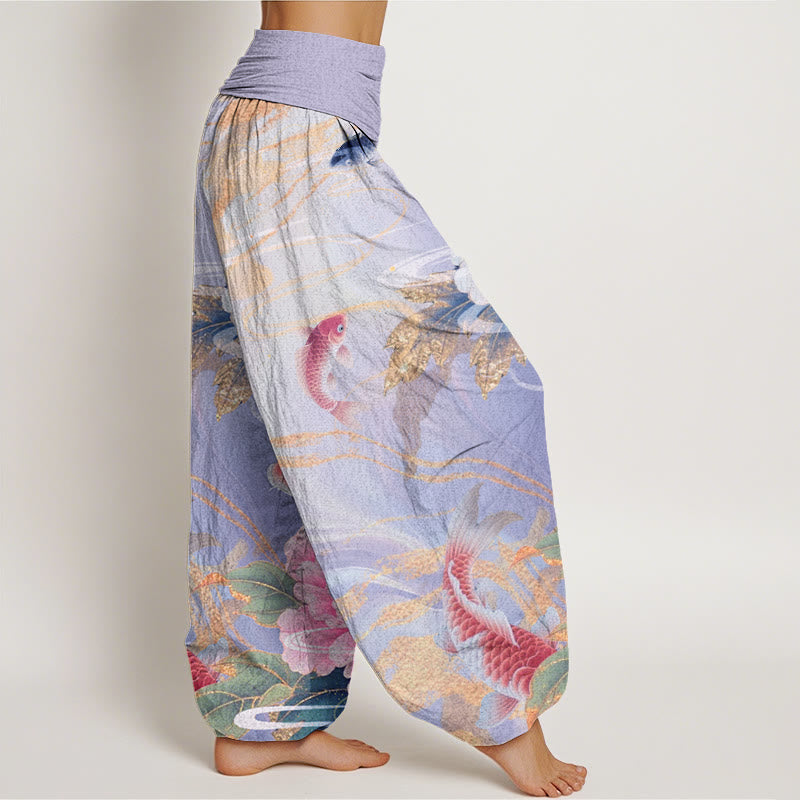 Pantaloni harem da donna con elastico in vita, motivo Buddha Stones, peonia, pesce koi, foglie dai bordi dorati - image 10