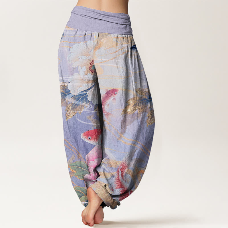 Pantaloni harem da donna con elastico in vita, motivo Buddha Stones, peonia, pesce koi, foglie dai bordi dorati - image 9
