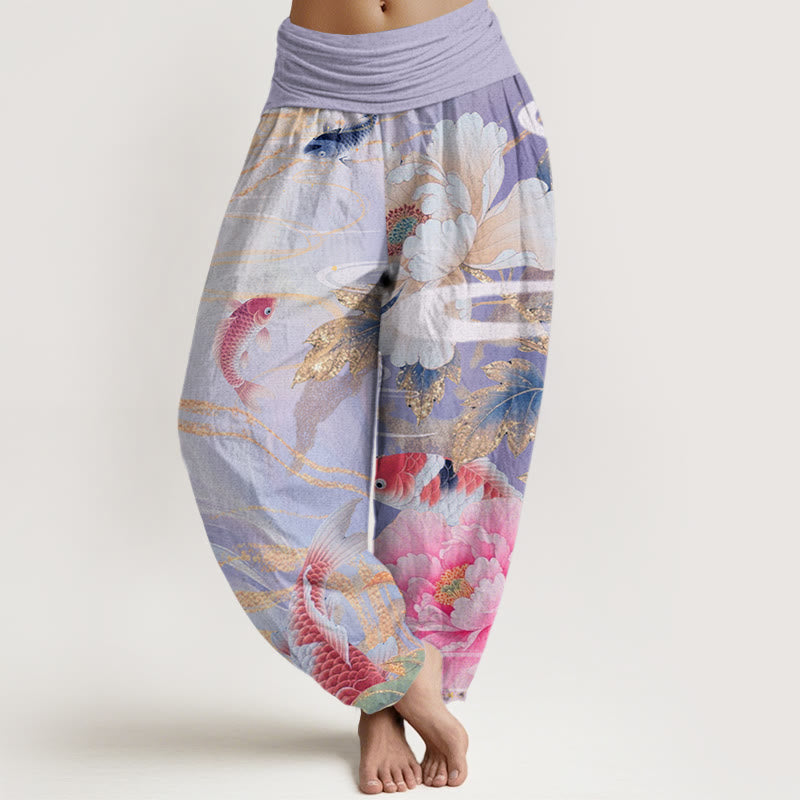 Pantaloni harem da donna con elastico in vita, motivo Buddha Stones, peonia, pesce koi, foglie dai bordi dorati - Prugna - US22, UK/AU26, EU54 (6XL) - image 8