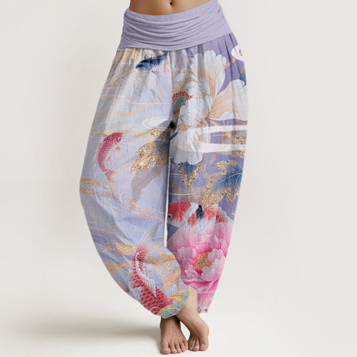 Pantaloni harem da donna con elastico in vita, motivo Buddha Stones, peonia, pesce koi, foglie dai bordi dorati - Prugna - US22, UK/AU26, EU54 (6XL) - image 8