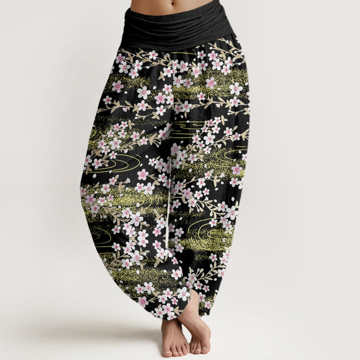 Pantaloni harem da donna con elastico in vita, modello Buddha Stones, casual, con fiori di ciliegio e acqua - Nero - US22, UK/AU26, EU54 (6XL) - image 8