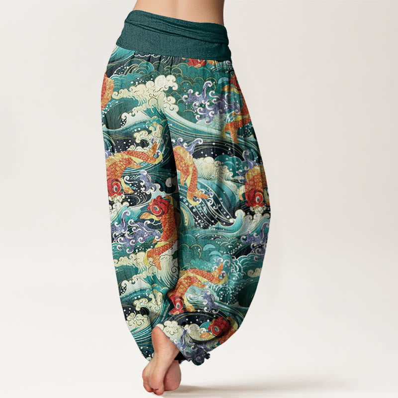 Pantaloni harem da donna con elastico in vita, modello casual con motivo a onde dell'oceano e motivo a pesce koi, motivo Buddha Stones - image 2