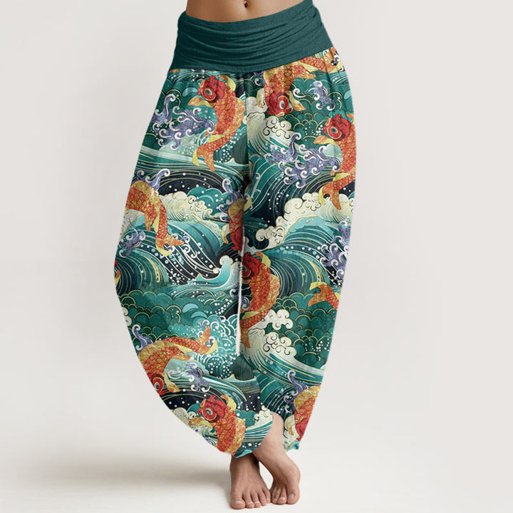 Pantaloni harem da donna con elastico in vita, modello casual con motivo a onde dell'oceano e motivo a pesce koi, motivo Buddha Stones - Verde acqua - US22, UK/AU26, EU54 (6XL) - image 1