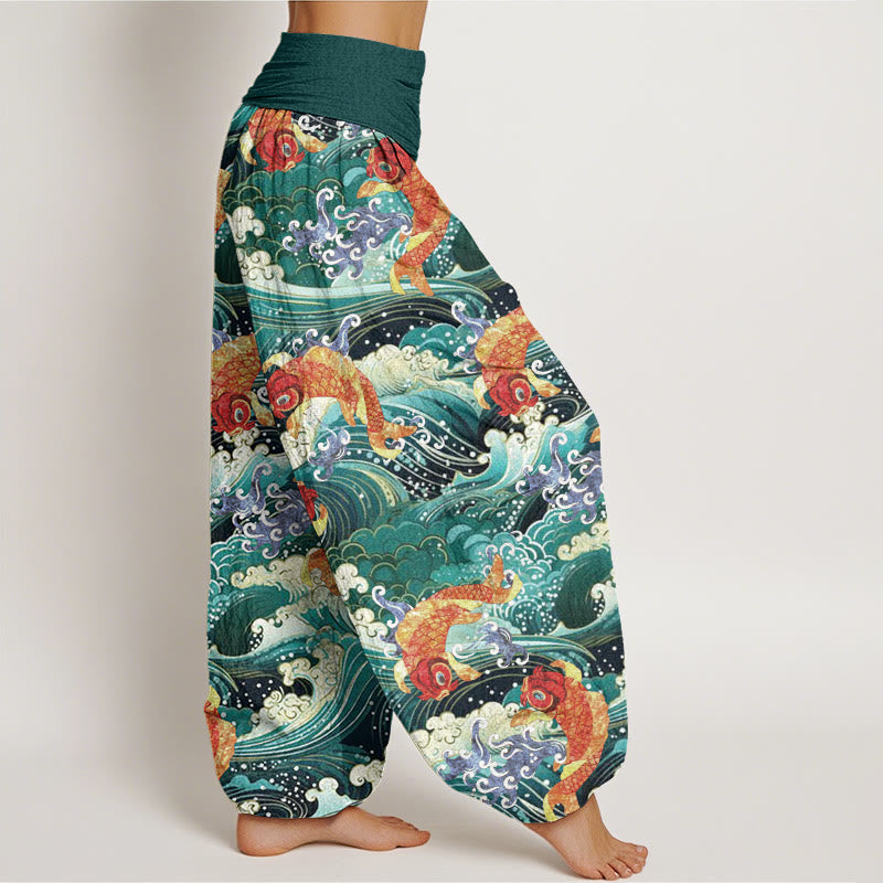 Pantaloni harem da donna con elastico in vita, modello casual con motivo a onde dell'oceano e motivo a pesce koi, motivo Buddha Stones - image 3