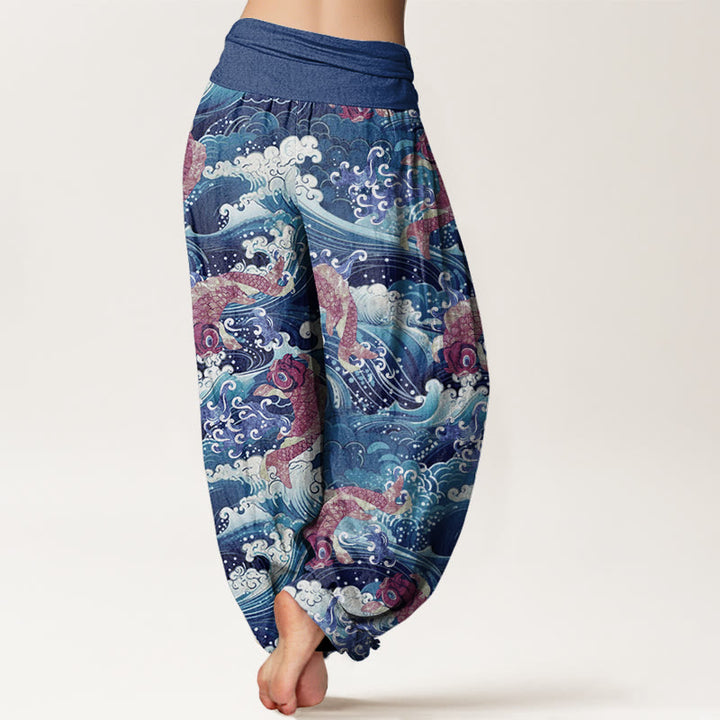 Pantaloni harem da donna con elastico in vita, modello casual con motivo a onde dell'oceano e motivo a pesce koi, motivo Buddha Stones - image 6