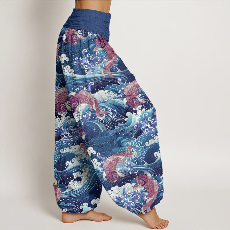 Pantaloni harem da donna con elastico in vita, modello casual con motivo a onde dell'oceano e motivo a pesce koi, motivo Buddha Stones - image 7
