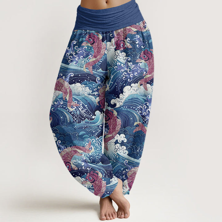 Pantaloni harem da donna con elastico in vita, modello casual con motivo a onde dell'oceano e motivo a pesce koi, motivo Buddha Stones - Blu scuro - US22, UK/AU26, EU54 (6XL) - image 5