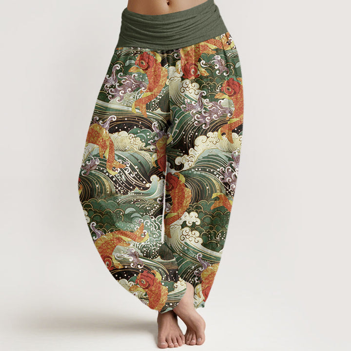 Pantaloni harem da donna con elastico in vita, modello casual con motivo a onde dell'oceano e motivo a pesce koi, motivo Buddha Stones - Verde oliva - US22, UK/AU26, EU54 (6XL) - image 8