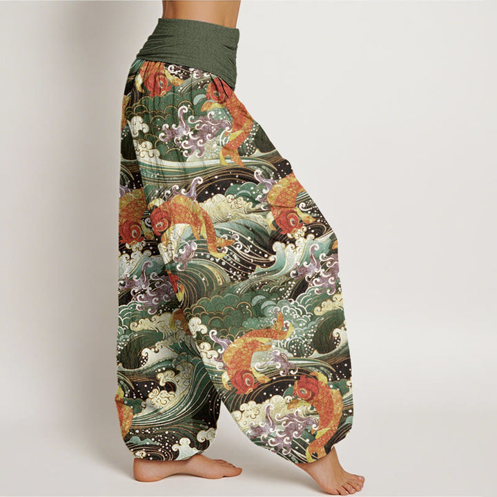 Pantaloni harem da donna con elastico in vita, modello casual con motivo a onde dell'oceano e motivo a pesce koi, motivo Buddha Stones - image 10