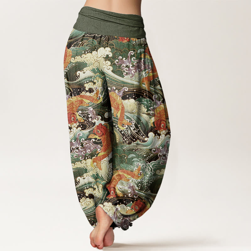 Pantaloni harem da donna con elastico in vita, modello casual con motivo a onde dell'oceano e motivo a pesce koi, motivo Buddha Stones - image 9