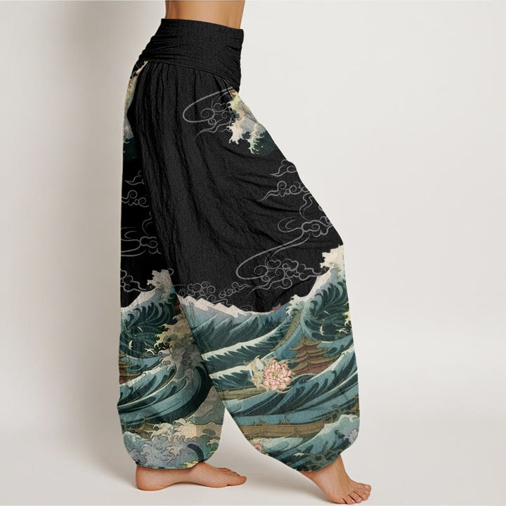 Pantaloni harem da donna con elastico in vita, in cotone, casual, motivo a padiglione con onde di loto in fiore, motivo Buddha Stones - image 2