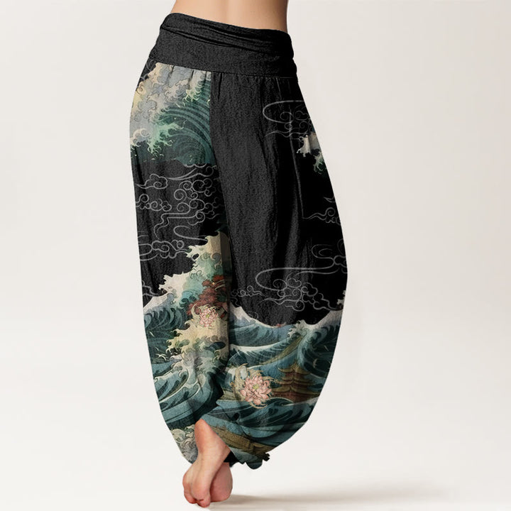 Pantaloni harem da donna con elastico in vita, in cotone, casual, motivo a padiglione con onde di loto in fiore, motivo Buddha Stones - image 1
