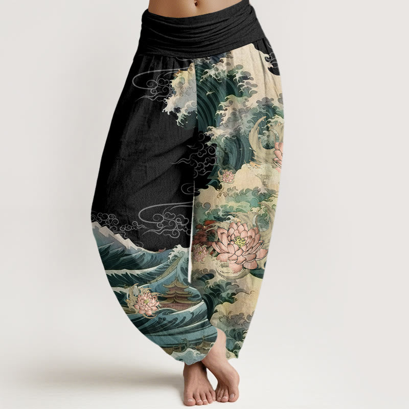 Pantaloni harem da donna con elastico in vita, modello Buddha Stones, casual, con motivo a padiglione con onde di loto in fiore - Nero - US22, UK/AU26, EU54 (6XL) - image 1