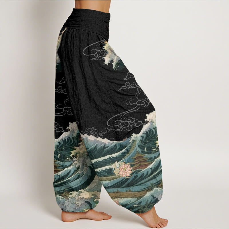 Pantaloni harem da donna con elastico in vita, modello Buddha Stones, casual, con motivo a padiglione con onde di loto in fiore - image 2