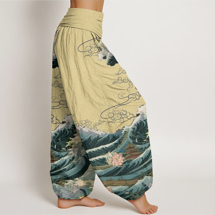 Pantaloni harem da donna con elastico in vita, in cotone, casual, motivo a padiglione con onde di loto in fiore, motivo Buddha Stones - image 6