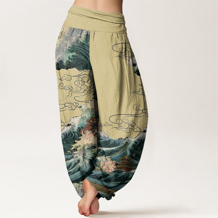 Pantaloni harem da donna con elastico in vita, modello Buddha Stones, casual, con motivo a padiglione con onde di loto in fiore - image 6