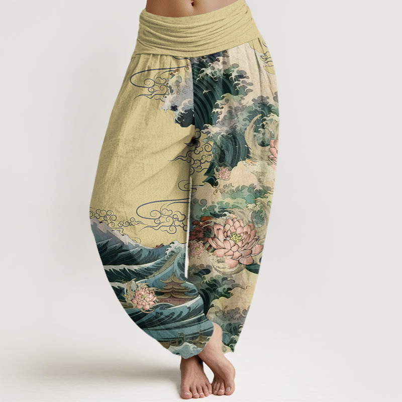 Pantaloni harem da donna con elastico in vita, modello Buddha Stones, casual, con motivo a padiglione con onde di loto in fiore - Cachi - US22, UK/AU26, EU54 (6XL) - image 5
