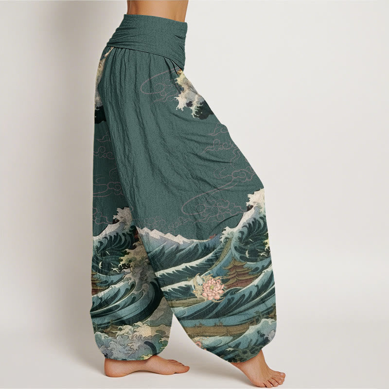 Pantaloni harem da donna con elastico in vita, in cotone, casual, motivo a padiglione con onde di loto in fiore, motivo Buddha Stones - image 9