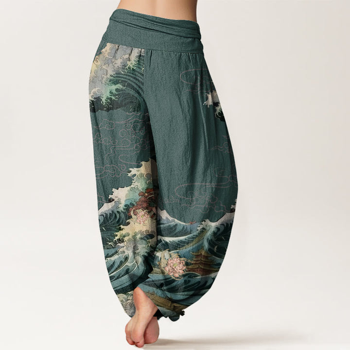 Pantaloni harem da donna con elastico in vita, modello Buddha Stones, casual, con motivo a padiglione con onde di loto in fiore - image 9