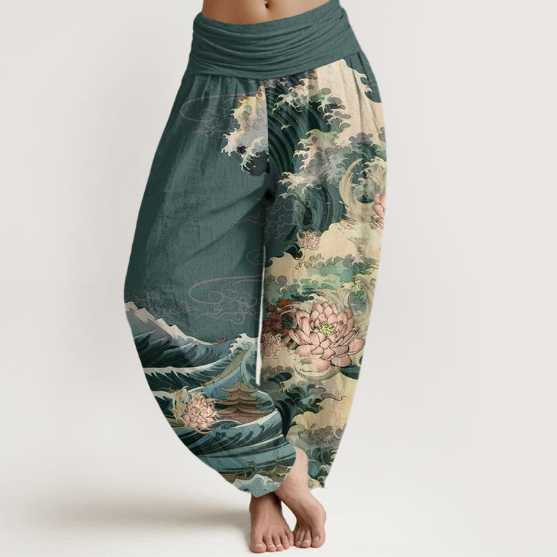 Pantaloni harem da donna con elastico in vita, modello Buddha Stones, casual, con motivo a padiglione con onde di loto in fiore - SeaGreen - US22, UK/AU26, EU54 (6XL) - image 7