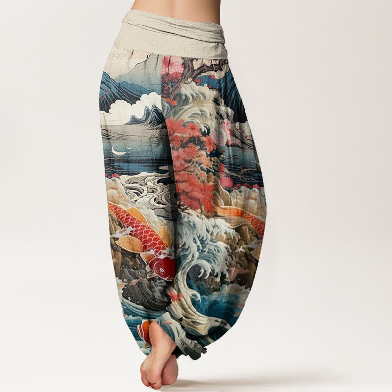Pantaloni harem da donna con elastico in vita, modello Buddha Stones, albero in fiore, pesce koi, onda e montagna - image 1