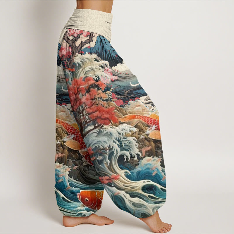 Pantaloni harem da donna con elastico in vita, in cotone, casual, motivo con albero in Buddha Stones , pesce koi, onda e montagna - image 2