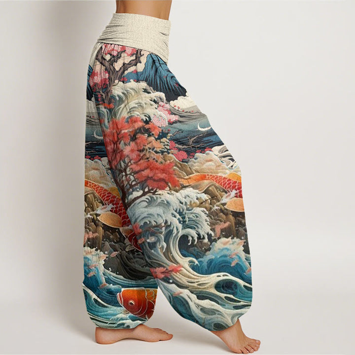 Pantaloni harem da donna con elastico in vita, in cotone, casual, motivo con albero in Buddha Stones , pesce koi, onda e montagna - image 2