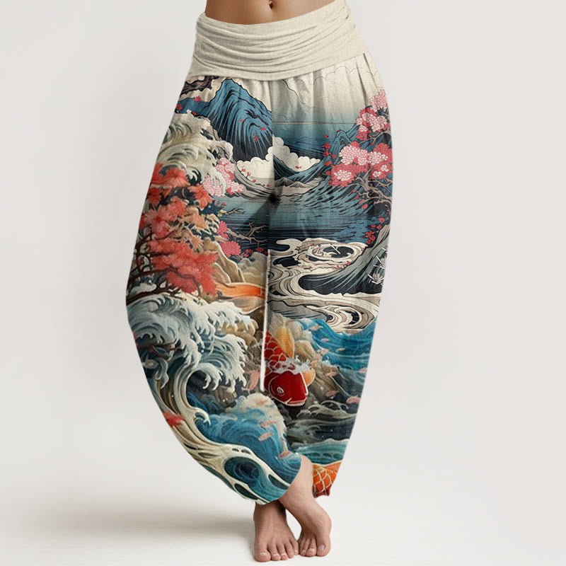 Pantaloni harem da donna con elastico in vita, modello Buddha Stones, albero in fiore, pesce koi, onda e montagna - Beige - US22, UK/AU26, EU54 (6XL) - image 0