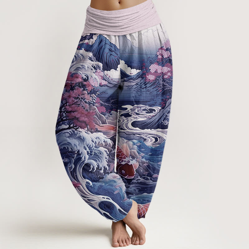 Pantaloni harem da donna con elastico in vita, in cotone, casual, motivo con albero in Buddha Stones , pesce koi, onda e montagna - Prugna - US22, UK/AU26, EU54 (6XL) - image 4