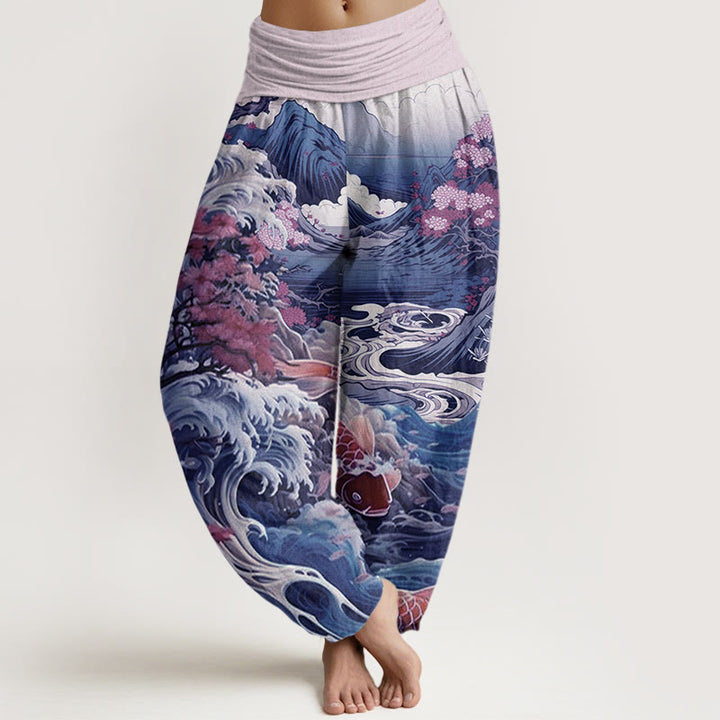 Pantaloni harem da donna con elastico in vita, in cotone, casual, motivo con albero in Buddha Stones , pesce koi, onda e montagna - Prugna - US22, UK/AU26, EU54 (6XL) - image 4