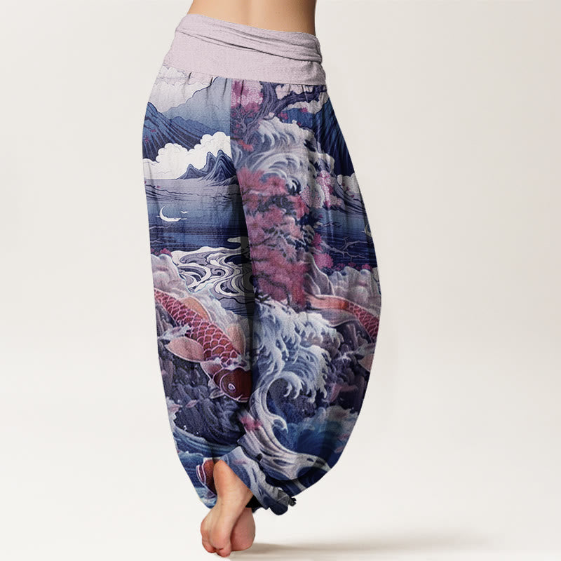 Pantaloni harem da donna con elastico in vita, in cotone, casual, motivo con albero in Buddha Stones , pesce koi, onda e montagna - image 5
