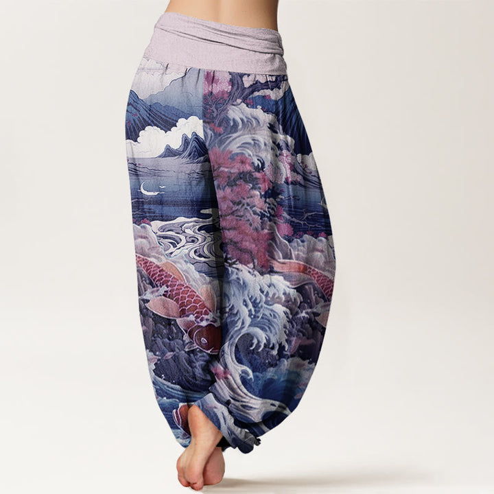 Pantaloni harem da donna con elastico in vita, in cotone, casual, motivo con albero in Buddha Stones , pesce koi, onda e montagna - image 5