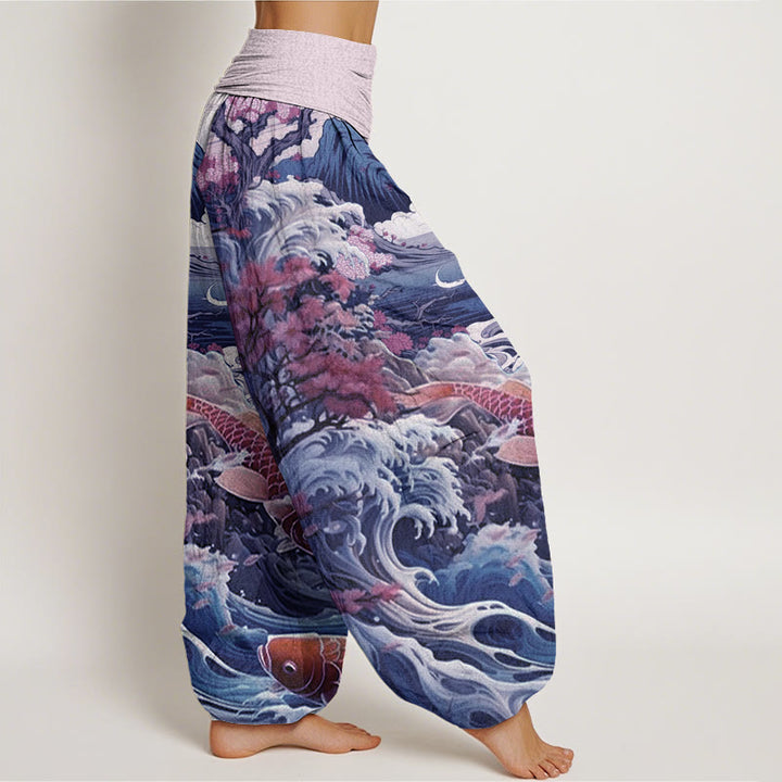 Pantaloni harem da donna con elastico in vita, in cotone, casual, motivo con albero in Buddha Stones , pesce koi, onda e montagna - image 6