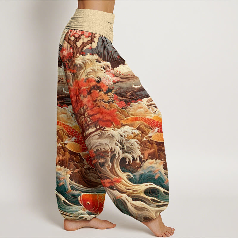 Pantaloni harem da donna con elastico in vita, in cotone, casual, motivo con albero in Buddha Stones , pesce koi, onda e montagna - image 9